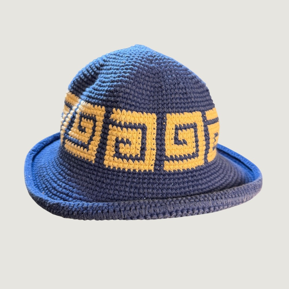 Faithfull the Brand Blue Cream Crochet Bucket Hat 100% Cotton Greek Key Design